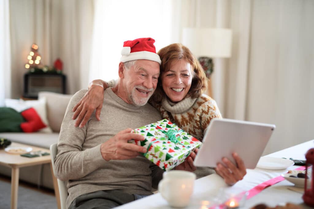 Senior with dementia doing a video call.