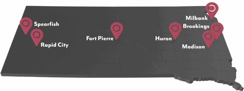 This map of South Dakota shows the locations of each of the seven Peaceful Pines Senior Living communities.